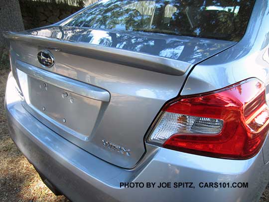 close-up of the 2016 Subaru WRX standard rear spoiler, ice silver shown