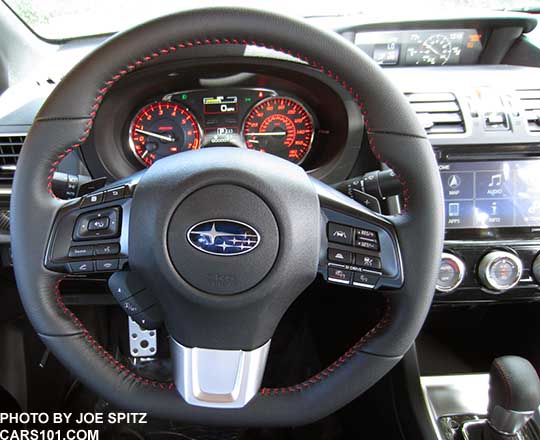 2016 Subaru WRX steering wheel. This car has optional Eyesight with cruise control and lane keep assist functions