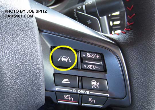 closeup of the 2016 Subaru WRX Limited Steering Wheel Eyesight control with lane keep assist in yellow circle