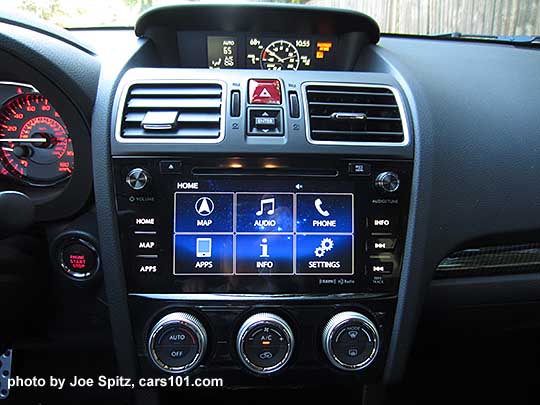 2017 WRX Limited single zone climate control and 7" audio. Option Package with navigation and keyless pushbutton start/stop ignition shown. The trip computer is showing the turbo boost gauge