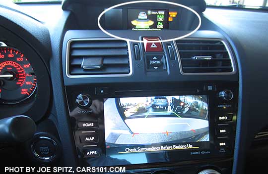 2017 WRX with optional reverse automatic braking. Trip computer screen displays the location and proximity of the object behind
