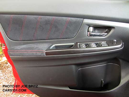 2017 Subaru STI front door panel, alcantara door trim with red stitching, chrome inner door handle