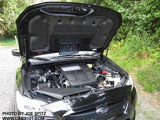 2017 Subaru WRX engine with 2 hood strut props, engine cover, top mounted intercooler, underhood insulator