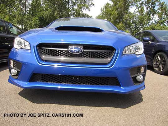 2017 Subaru WRX front bumper and front grill, with fog lights. WR Blue shown.