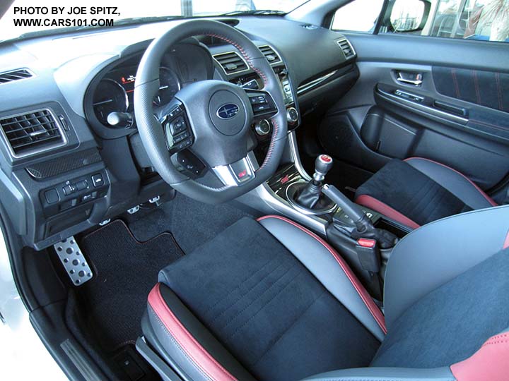 2017 Subaru WRX STI interior, black alcantara, black and red bolsters, red stitching, manual height adjustment