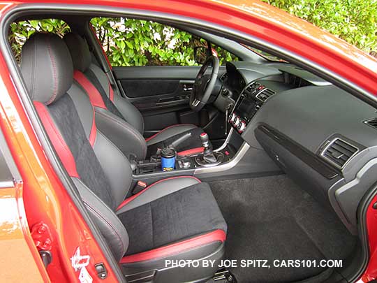 2017 WRX STI alcantara seating surface, red bolsters, interior, passenger side shown. Pure red color car