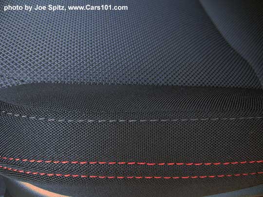 closeup of the 2017 WRX's red stitching on the carbon black cloth interior