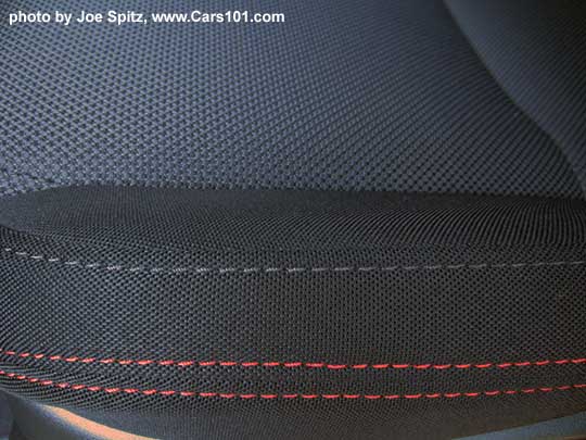 closeup of the 2017 WRX's red stitching on the carbon black cloth interior