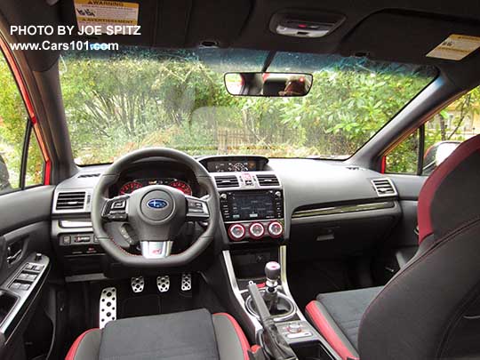 2017 WRX STI interior- black alcantara with red leather bolsters, red stitching, 7+ audio, plastic carbon fiber glossy dash trim
