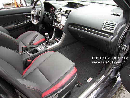 2017 Subaru WRX STI Limited gloss black dash trim, black leather/red bolster seating, door sill plate, STI logo carpeted floor mats