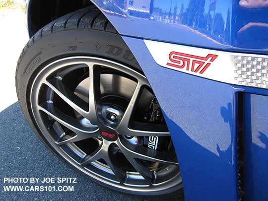 2017 Subarru WRX STI Limited front fender logo. BBS alloys. WR Blue shown