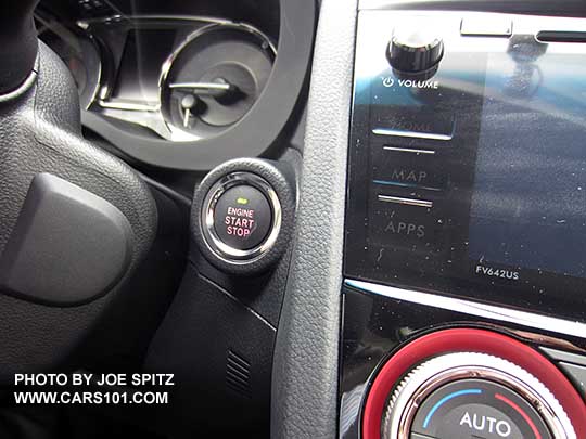 2017 WRX and STI pushbutton start. Optional on WRX Limited, standard on STI Limited.  STI shown with red ring around the climate control knobs