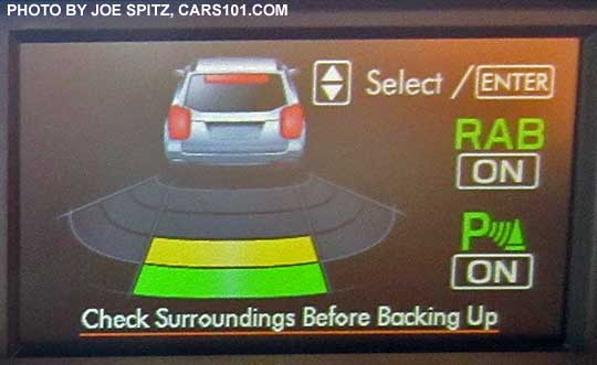 2017 Subaru WRX CVT with reverse automatic braking display in the trip computer showing where the object behind the car is.  In this image, it is directly behind the car.