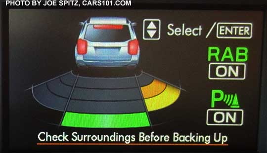 2017 Subaru WRX CVT with reverse automatic braking display in the trip computer showing where the object behind the car is.  In this image, it is directly and on the right (passenger) side the car