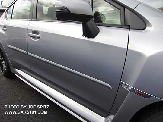 2017 Subaru WRX and STI optional body colored body side moldings. Ice silver STI shown.