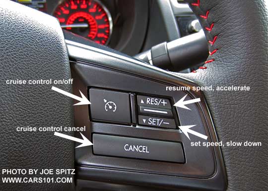 diagrammed closeup of the 2017 WRX steering wheel, left spoke shown with standard cruise control buttons