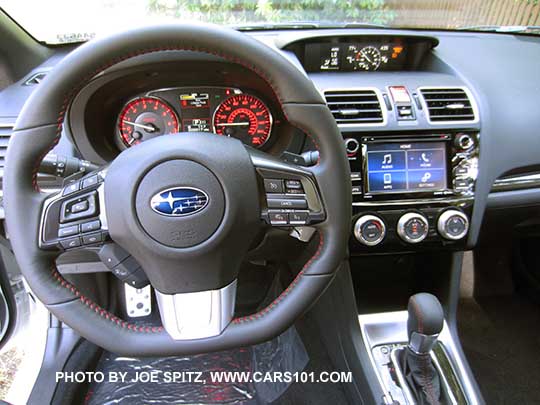 2017 Subaru WRX D-shaped, flat bottom steering wheel, smooth leather wrapped with red stitching.  With CVT transmission