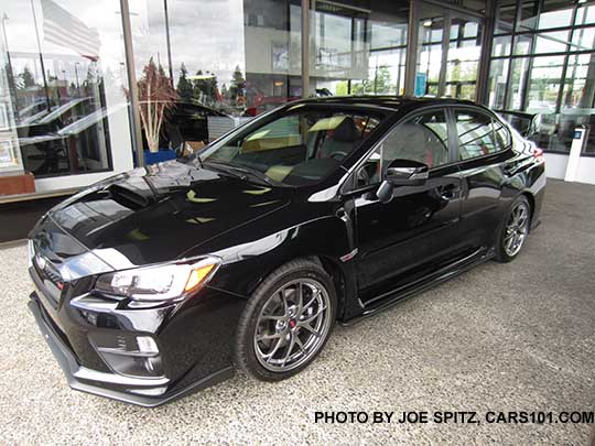 2017 WRX STI Limited, tall rear wing spoiler, silver 18" BBS alloys,  crystal black silica color shown with optional dealer installed front and side underspoilers