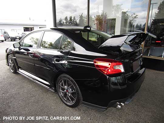 2017 WRX STI Limited, tall rear wing spoiler, silver 18" BBS alloys,  crystal black silica color shown with optional dealer installed rear corner and side underspoilers