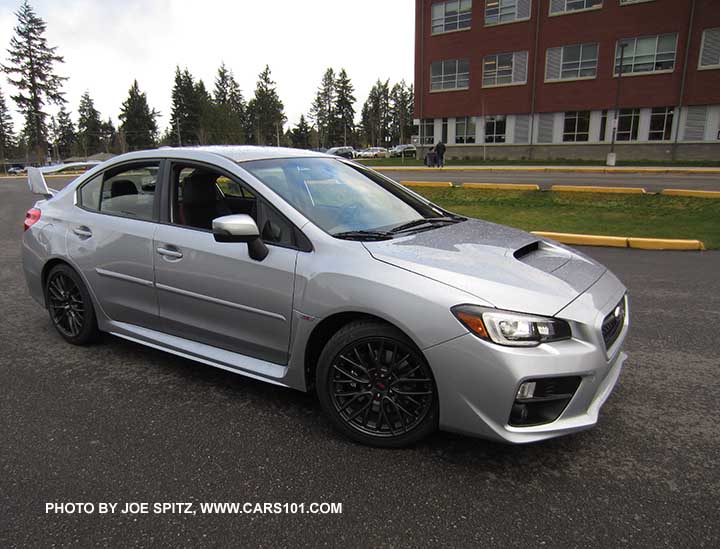 ice silver 2017 Subaru WRX STI with tall wing spoiler and optional body side moldings