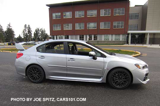 2017 Subaru WRX STI with tall wing rear spoiler, ice silver color, optional side moldings