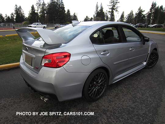 ice silver 2017 Subaru WRX STI with tall wing spoiler, optional body side moldings