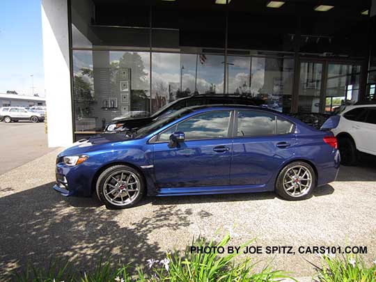 2017 Subaru WRX STI Limited with tall wing spoiler, BBS alloys. Lapis blue color