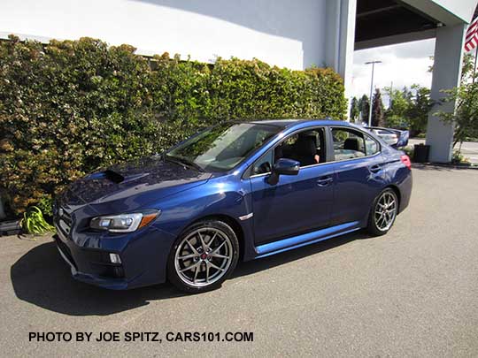 2017 Subaru WRX STI Limited with tall wing spoiler, BBS alloys. Lapis blue color