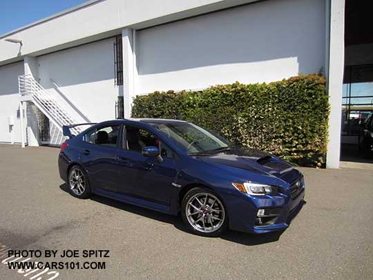 2017 Subaru WRX STI Limited with tall wing spoiler, BBS alloys. Lapis blue color