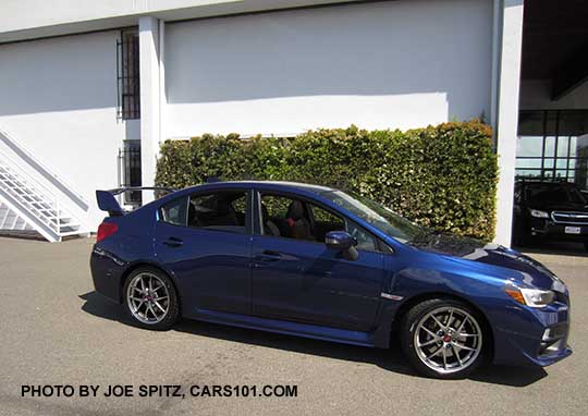 2017 Subaru WRX STI Limited with tall wing spoiler, BBS alloys. Lapis blue color