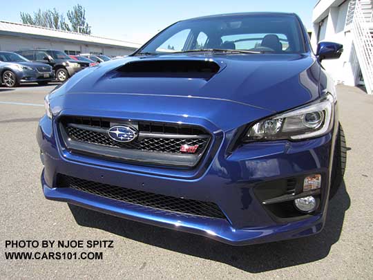 front view 2017 Subaru WRX STI Limited with tall wing spoiler, BBS alloys. Lapis blue color 2017 Subaru WRX STI Limited with tall wing spoiler, BBS alloys. Lapis blue color