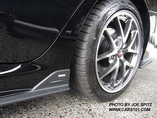 2017 WRX and STI optional dealer installed side underspoiler.  Black STI Limited shown with silver 18" BBS alloy wheels