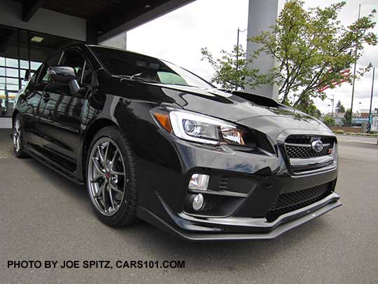 2017 WRX and STI optional dealer installed front lip and side underspoiler.  Black STI Limited shown, 18" silver BBS alloys