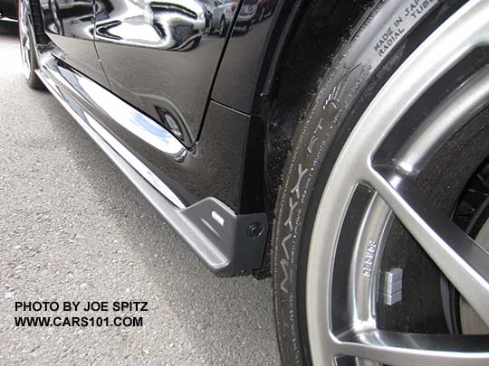 closeup of the 2017 WRX and STI optional dealer installed side underspoiler.  Black STI Limited shown, silver 18" BBS alloys.