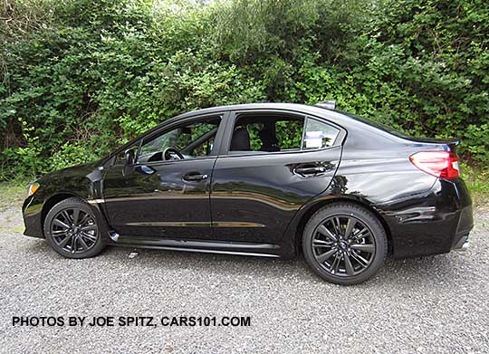 side view 2017 WRX Premium,  crystal black color shown