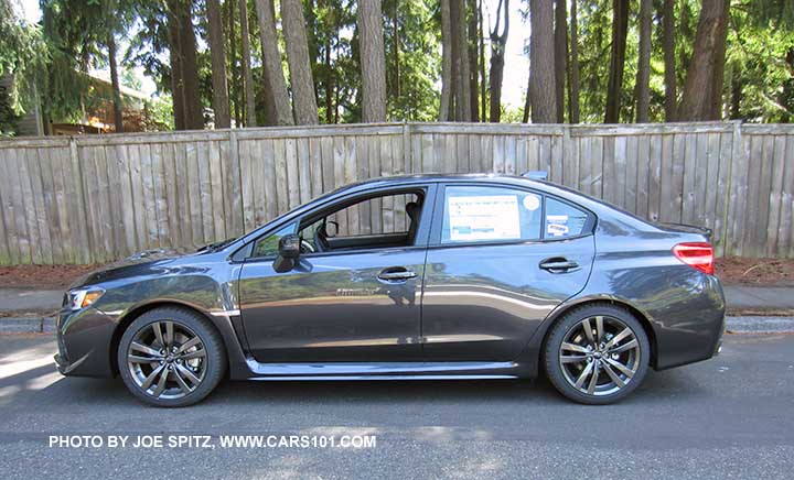 side view 2017 WRX Limited 4 door sedan, dark gray color shown