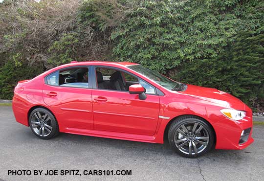 2017 Subaru WRX.  pure red color shown with optional body side moldings