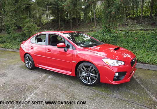2017 Subaru WRX Premium, pure red color shown with optional body side moldings