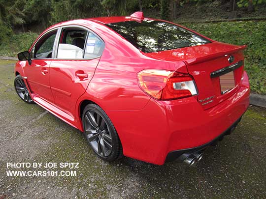 2017 Subaru WRX, pure red color shown with optional rear trunk trim and body side moldings