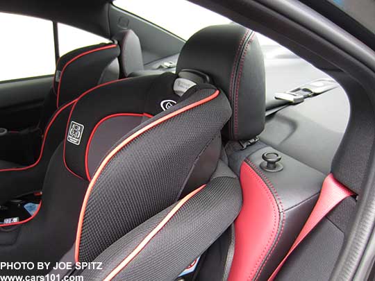 2018 Subaru WRX and STI with child seats showing the LATCH system upper tether. STI shown.
