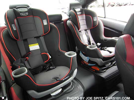 2018 Subaru WRX and STI with 2 child seats in the back seat, using lower anchor and tether LATCH system. STI shown.