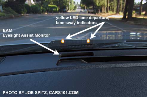 diagrammed 2018 Subaru WRX Eyesight Assist Monitor showing yellow lane sway lights on the lower windshield in in front of the driver