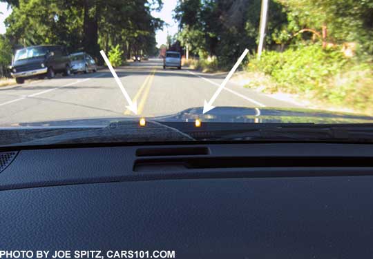 2018 Subaru WRX Eyesight Assist Monitor, arrows point to the yellow lane sway lights  on the lower windshield in in front of the driver.