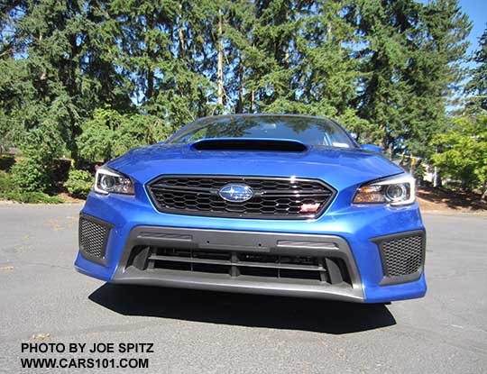 2018 Subaru STI  front grill with STI logo, new for 2018 front bumper fascia. No fog lights. WRBlue color shown