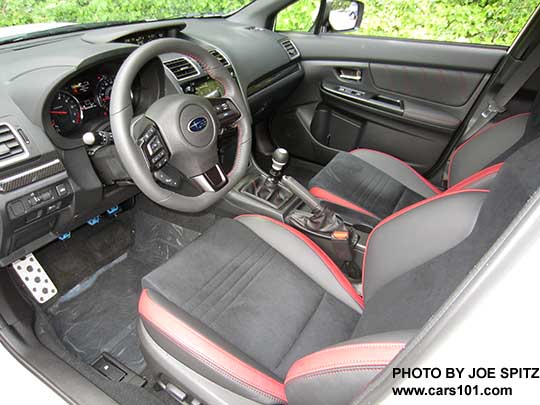 2018 Subaru WRX Premium with optional Performance Package #12 including Recaro front seats, black alcantara with red side bolsters, power driver's seat. The Package also includes red brake calipers, and deletes the moonroof.