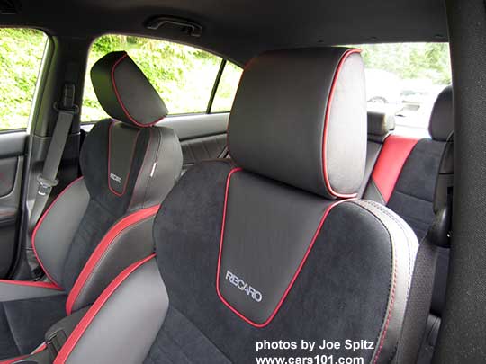 closeup of the 2018 Subaru WRX Premium optional Recaro front seat with embroidered upper logo (but nothing on the headrest). Black alcantara seating surface with red bolsters, red stitching and piping. Optional Performance package #12