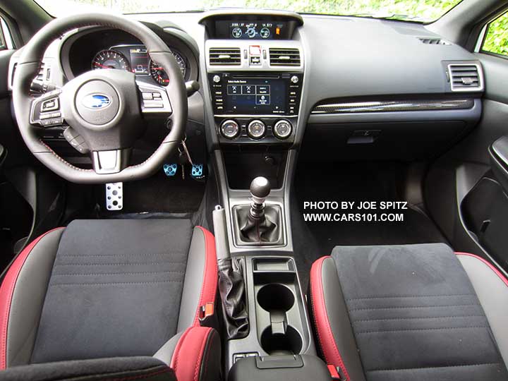 2018 Subaru WRX Premium interior and dash with optional performance Package #12 including black alcantara and red leather Recaro front seats. Red stitching.