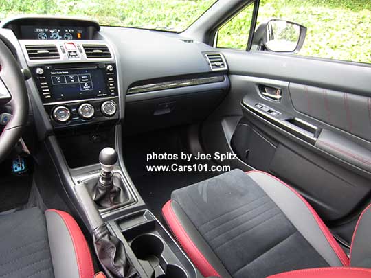 2018 Subaru WRX Premium interior and center console. With optional performance Package #12 including black alacantara and red leather Recaro front seats