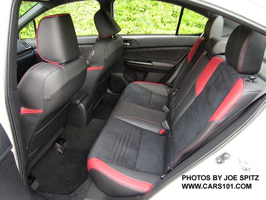 2018 Subaru WRX Premium rear seat with optional Performance Package and alcantara seating surfaces with red bolsters