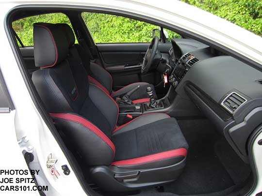 front seats 2018 Subaru WRX Premium with optional Performance Package #12 Recaro front seats, alcantara and red leather, red stitching.